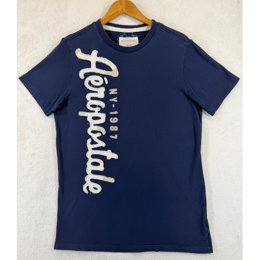 Vintage Aeropostale Mens Navy Blue Distressed 3D Applique Logo Graphic T-Shirt M